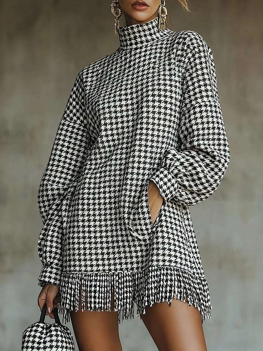 Modisches Retro-Minikleid mit Hahnentrittmuster, Rollkragen, Laternenärmeln, Taschen und Quasten, High-Street-Stil, Locker Geschnitten, Frühling-Herbst-Partykleid