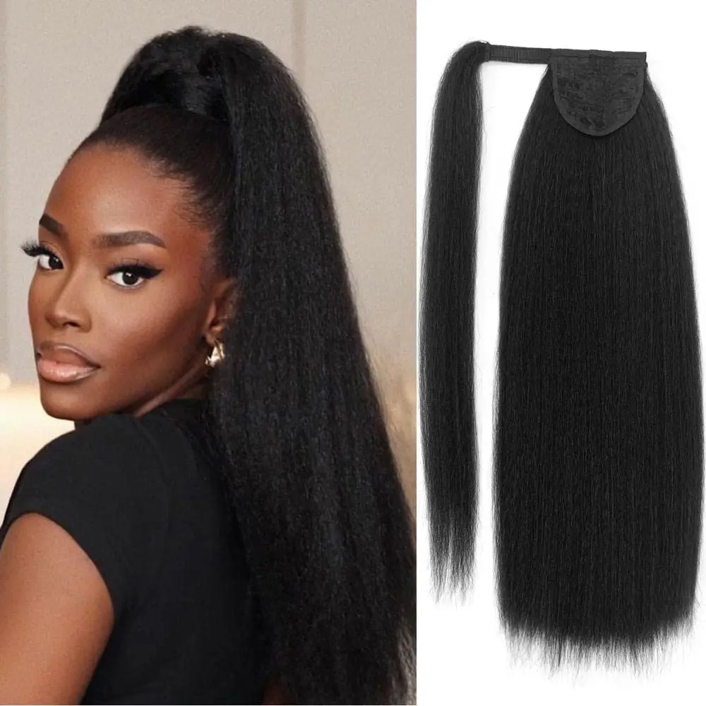 Kinky Straight Ponytail With Magic Paste Warp Around 120G/Piece 100% Human Hair Brazilian Virgin Hair Extensions For Women #1B