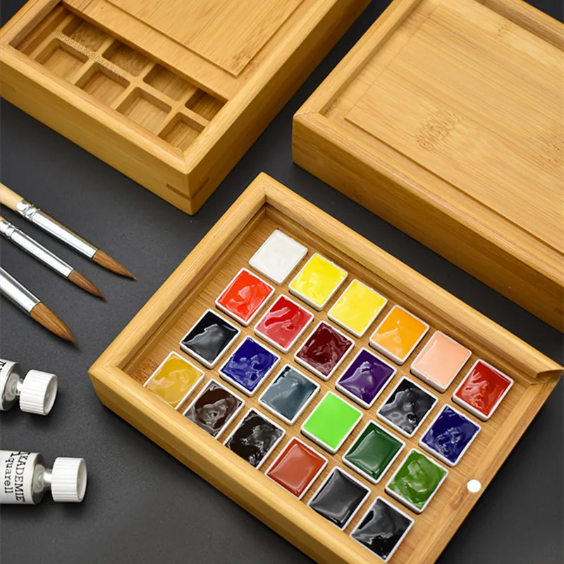 Portable 24Pcs Half Pans Watercolor Solid Gouache Empty Bamboo Box Palette Painting Storage Paint Case For Art Painting Supplies