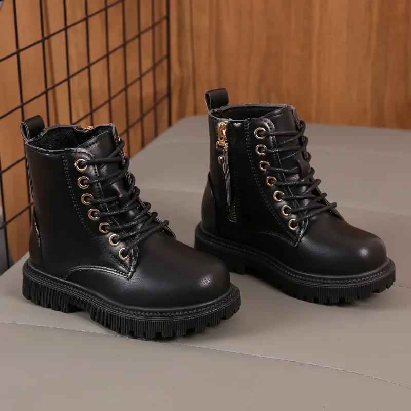 

Осень-зима 2024, новые детские модные кожаные ботинки с боковой молнией, детские короткие сапоги с круглым носком, ботильоны для девочек с мягкой подошвой