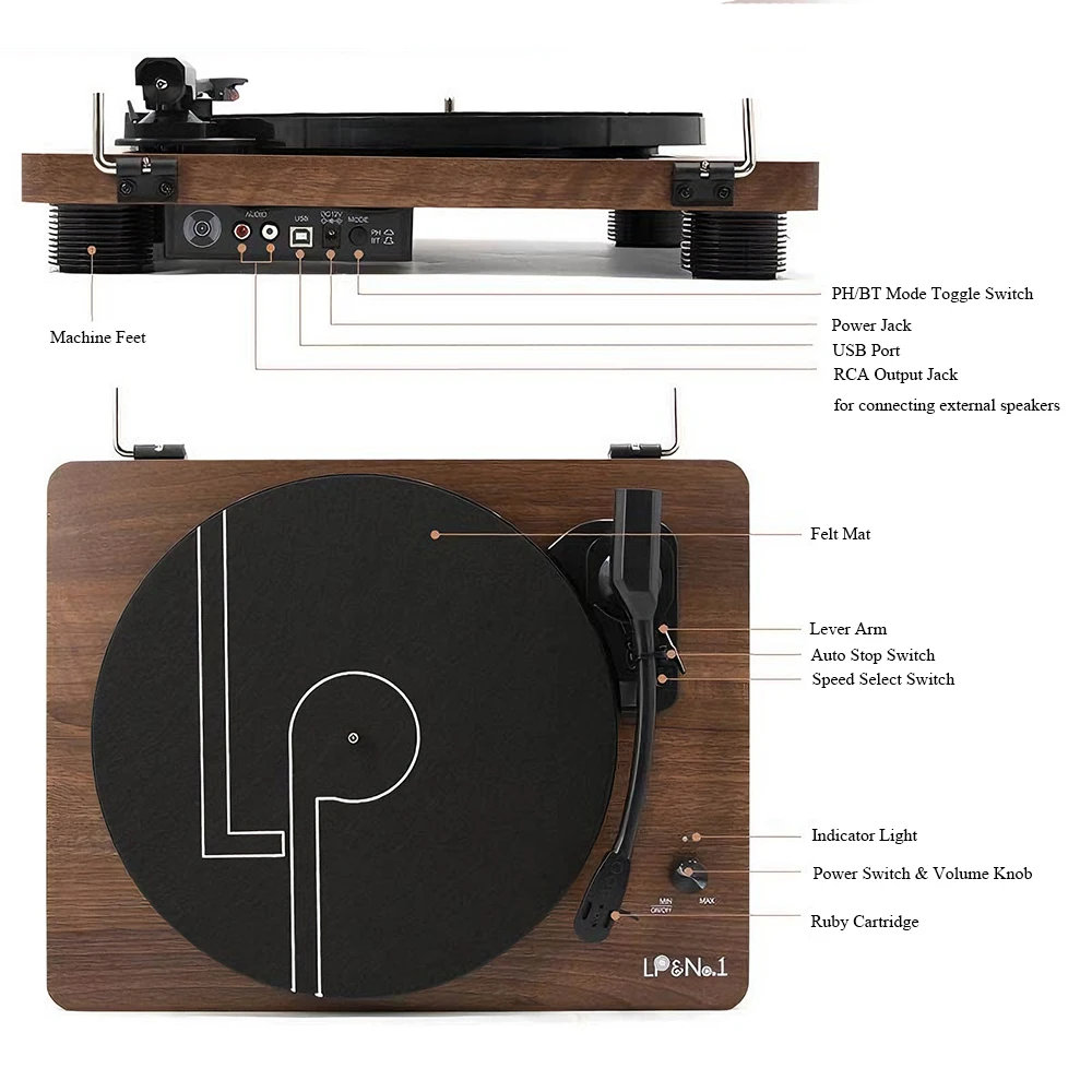 Vintage Vinyl Turntable with Built-in Speakers Wireless Bluetooth Large Platter Supports Audio Recording and 33 45 78 RPM Speeds