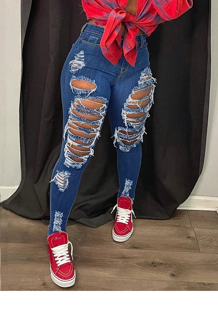 

New Spring Summer Women's Jeans Multiple Ripped Stretch Ankle Length Pants Hollow Out Casual Denim Trouser Female Pants ATC70303