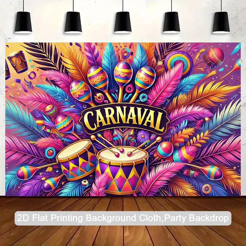 

2D плоский дизайн, фон для карнавальной вечеринки на одного человека с бразильскими барабанами Самба и песочными шариками - яркая карнавальная тема