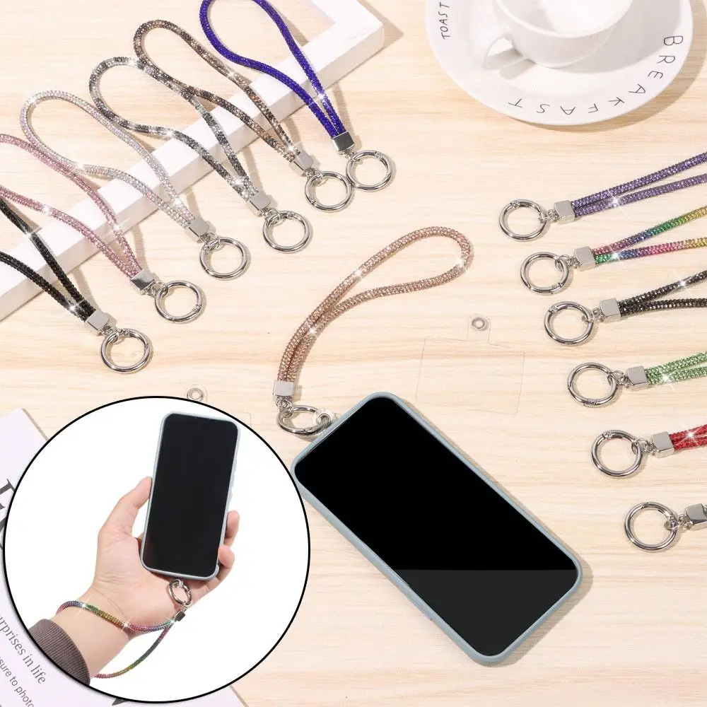 Chaveiro com glitter, alças de pulso brilhantes, corda anti-perda de cristal, cordão de suspensão, cordão de telefone com strass