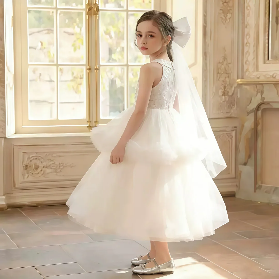 Abito da sposa bianco da bambina firmato, elegante e fresco, per damigella d'onore, a strati, per feste e serate