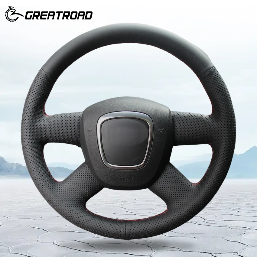 

GREATROAD Black Genuine Leather Car Steering Wheel Cover for Audi Old A4 B7 B8 A6 C6 2004-2011 Q5 2008-2012 Q7 2005-2011 Auto