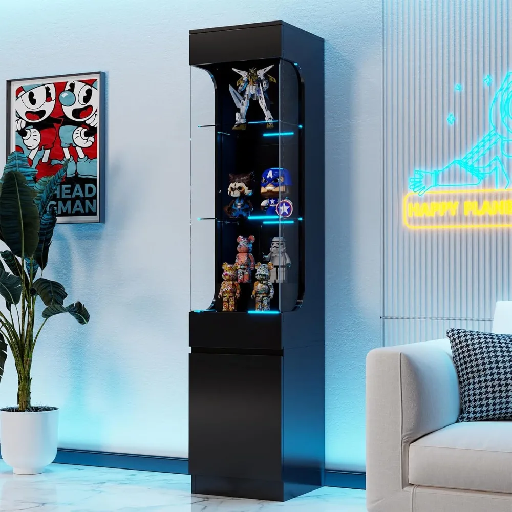 Vitrina Curio con puerta de vidrio, vitrina de 3 niveles con luces LED de 7 colores, gabinete Curio iluminado de 70,87 pulgadas para coleccionar