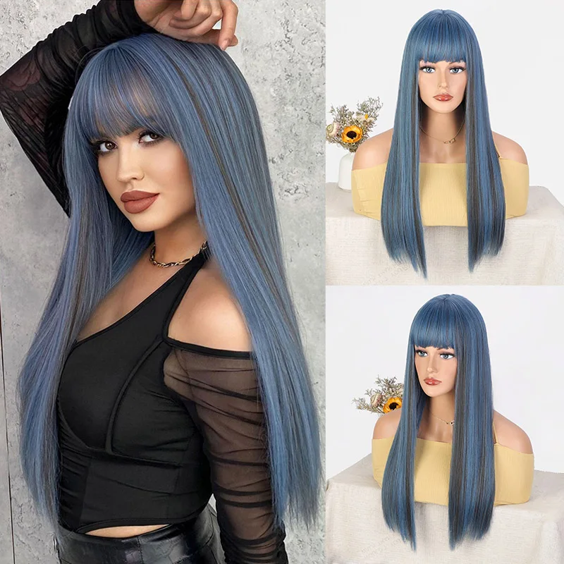 

Long Straight Synthetic Wigs with Bangs Mermaid Blue Hair Wigs for Women Daily Cosplay Natural Hair Heat Resistant Fiber Wigs