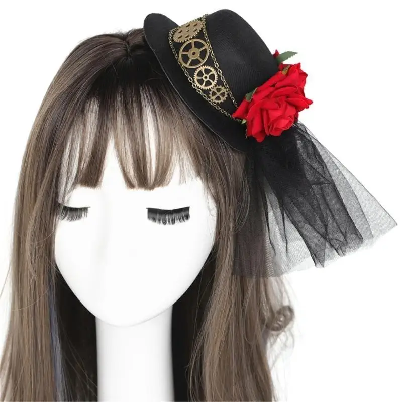 

39BD Gothic Feathers Lace Top Hat Lady with Elegant Lace Rose Gears Goggles Head Wear