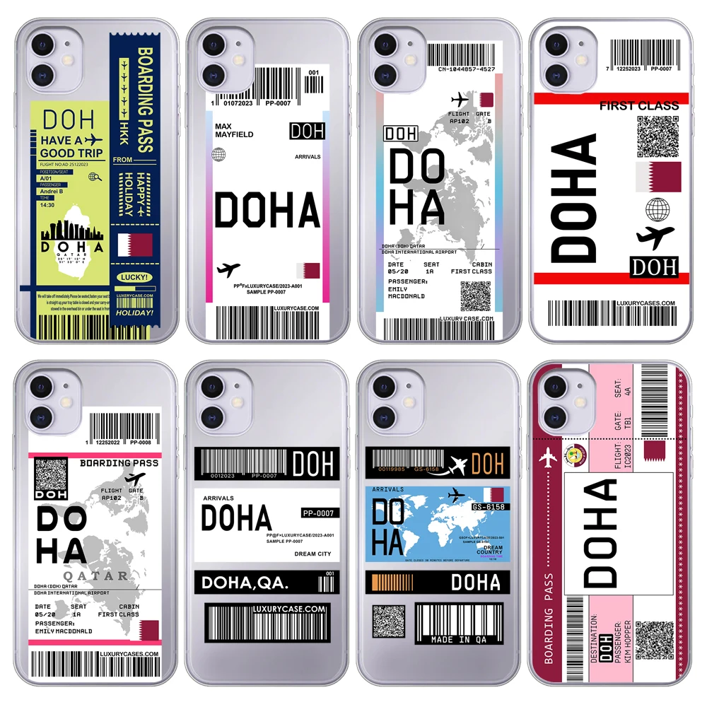 Qatar Doha Map Flag Plane Travel Fly Ticket Cover Case for iPhone 15 14 Pro Max 13 12 11 Mini X XS XR 7 8 6S Plus SE