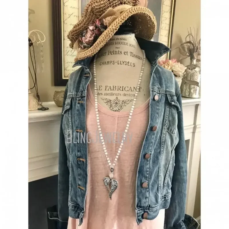 5pcs Angel Wing Pendant Long Layer Necklace Women Natural Stone Agate Bead Grunge Y2k Jewelry One Piece Aesthetic Boho Jewelry
