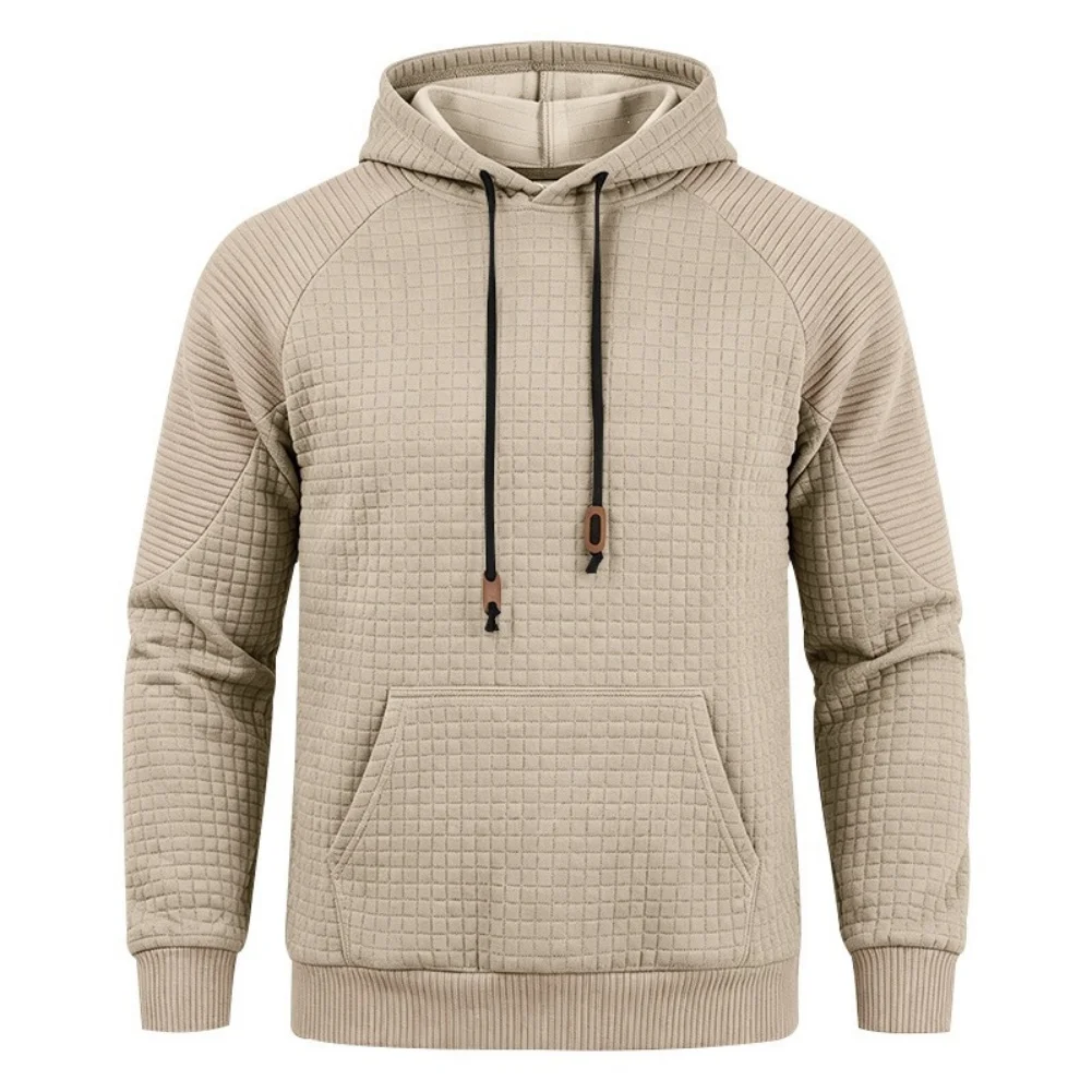 Men's Solid Color Waffle Knit Hooded Sweatshirt with Long Sleeves and Regular Length for Casual Summer Wear and Exercise