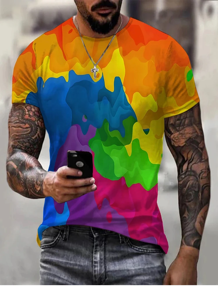 Fashion New Rainbow Paint Splash Men's Printed T-shirt Hip Hop Street Fashion Harajuku Round Neck Comfortable Short Sleeve Top