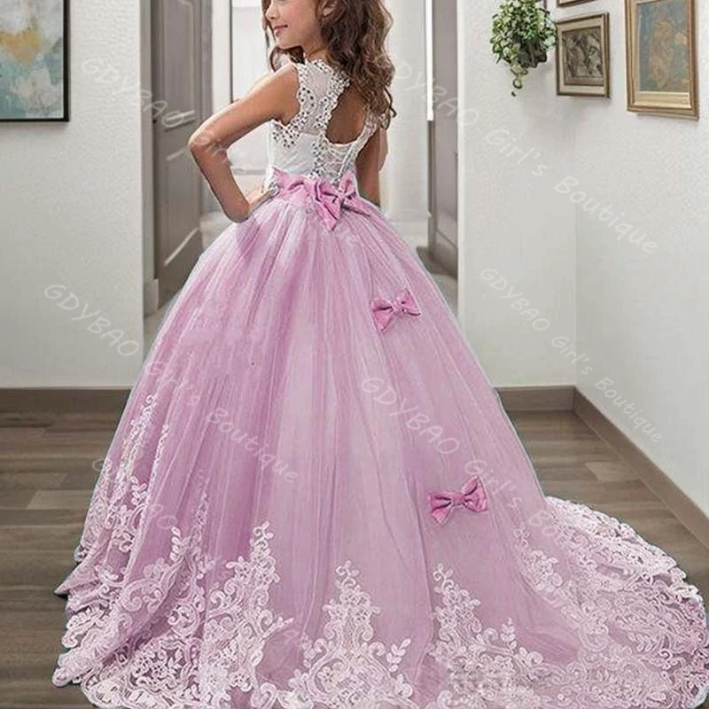 فستان فتاة الزهور الخضراء لوصيفات العروس لحفلات الزفاف مزين بالخرز من التل فستان التواصل الأول مع فيونكة/وشاحات فستان حفلات مخصص