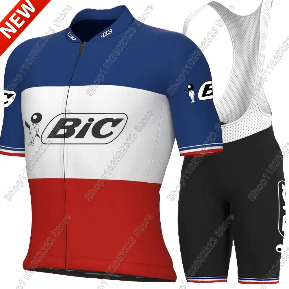 Conjunto de Jersey de ciclismo del equipo BIC France 2025, Ropa Retro de verano para bicicleta, camisas para bicicleta de carretera, traje, pantalones cortos con pechera, Ropa de montaña, Maillot