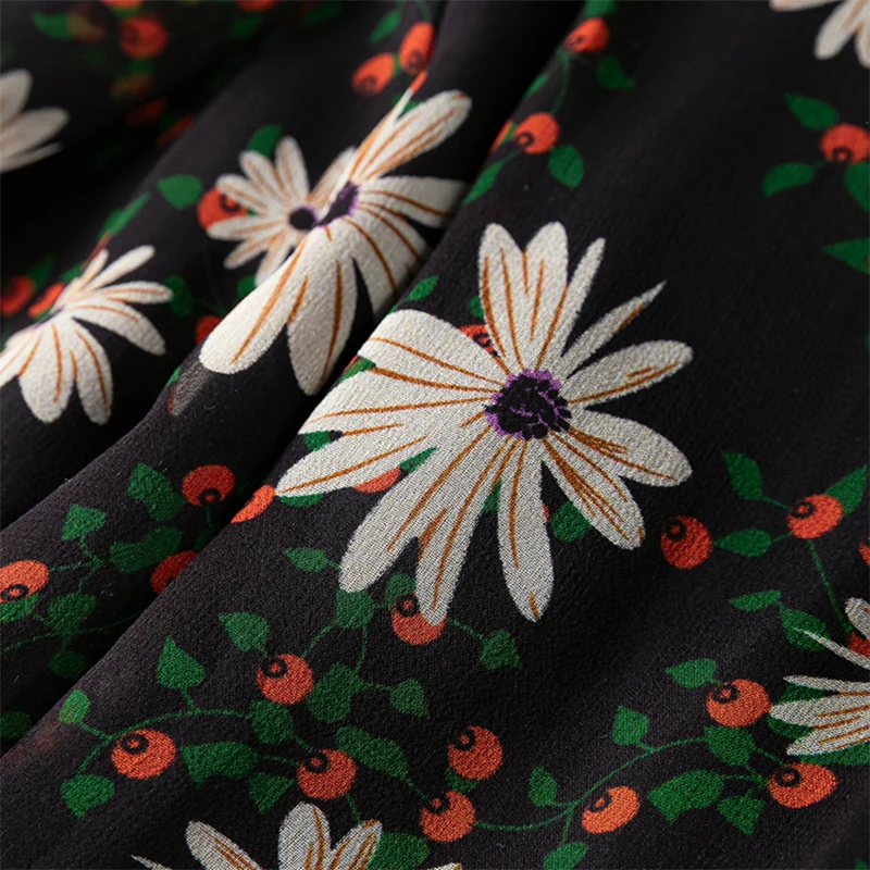 Gonna di seta da donna 100% seta di gelso Gonna lunga stampata floreale nera con fodera in seta Summer Beach Orlo grande Lavoro d'ufficio M1340