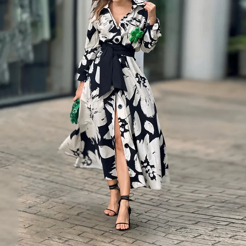 Ellafads Women Maxi Dress Summer Casual Lapel Floral Print Lace Up Single Breasted Button Long Sleeve Holiday Dresses Streetwear