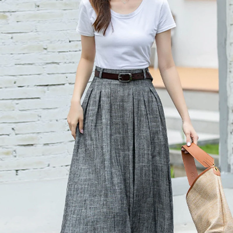 

2026 Summer Grey Linen Pleated Skirt, Women's Retro Slim Fit Mini Skirt, Fashionable Versatile Short Skirt