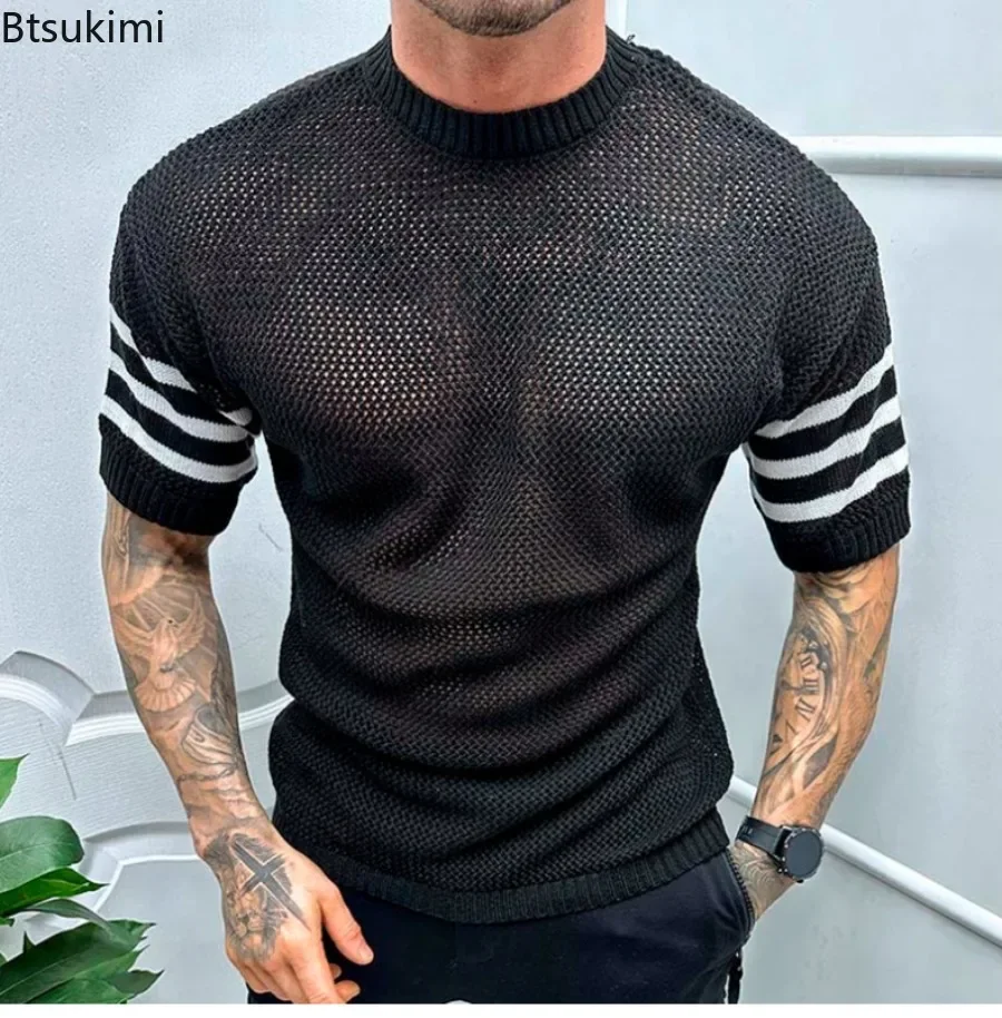 

Summer New Men's Short Sleeve Knitted T-shirt O-neck Jacquard Hollow Out Tops 2024 Trend Streetwear Casual Handsome Tees for Men