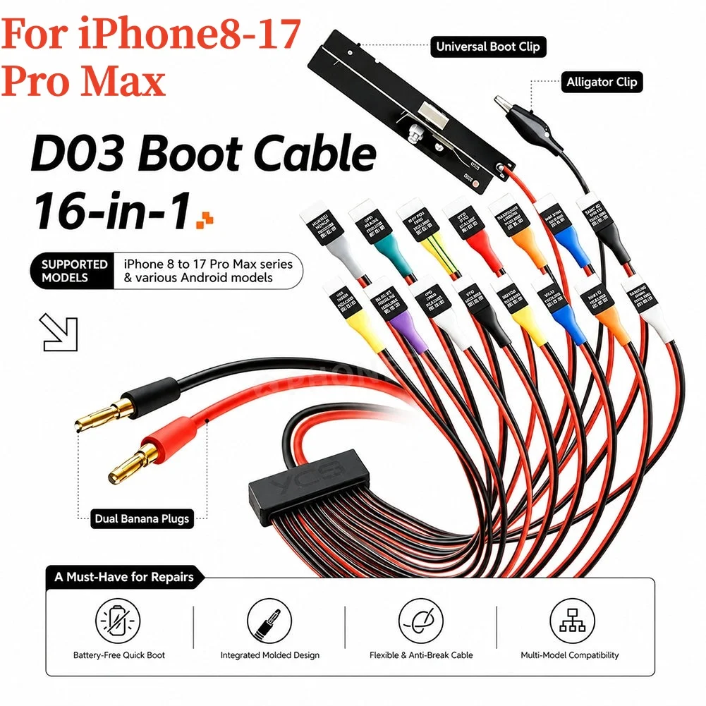 YCS D03 Phone Power Boot Cable 16IN1 Battery Clip For iPhone 8-17PM Android Samsung Power Supply  FPC Anti-Burn Repair Test Cord