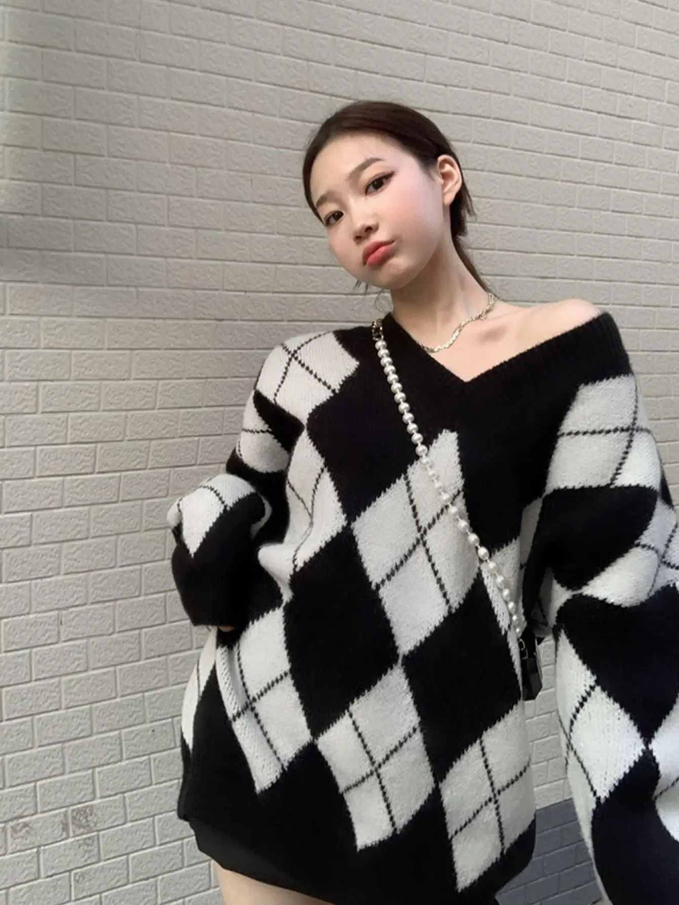 

Женский свободный вязаный свитер с ромбовидным узором V-Ne, мягкий, уютный, весенне-осенний, модный, длинный свеч, термобелье