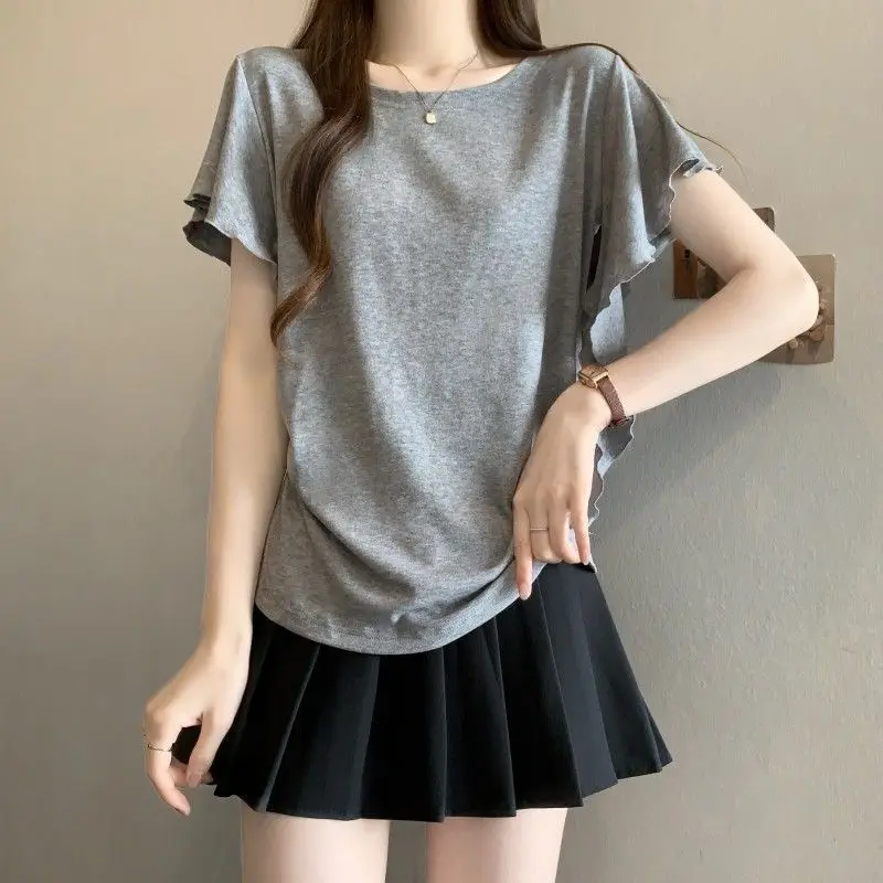 

Plus-size women's summer new pure color commuting style loose slimming meat-hiding irregular ruffled short-sleeve T-shirt