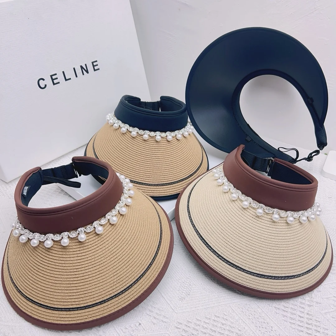 

Summer Women Luxury Sunscreen Panama Empty Top Straw Hat Rhinestone Pearls Beach Anti UV Sun Hat Adjustable Wide Brim Travel Cap
