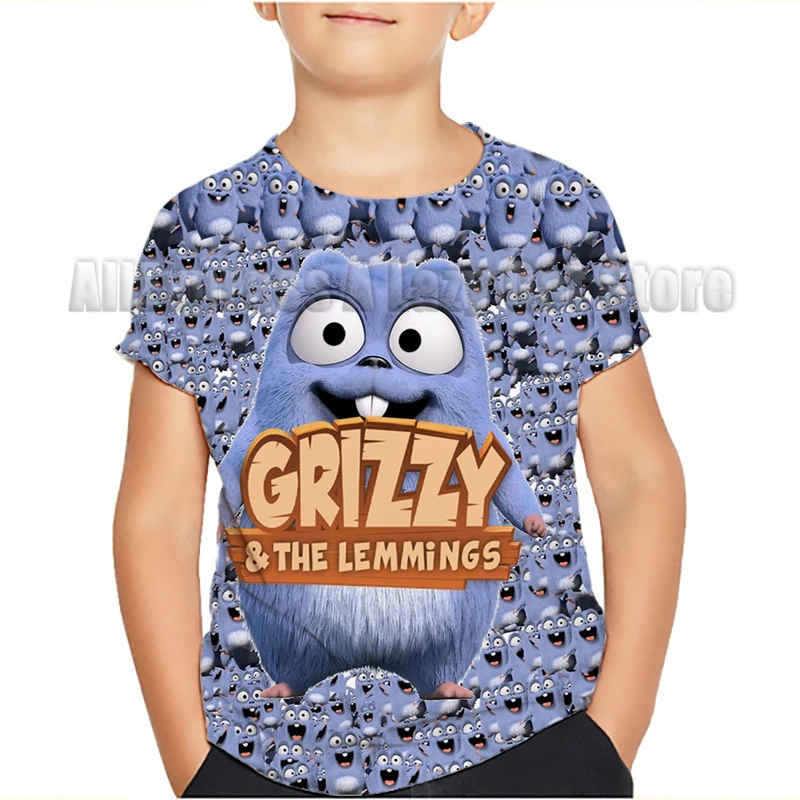 Grizzy and the Lemmings T-shirt Cartoon Boys Clothes Summer Thin Round Collar New Kids Tees Popular Design Children Tops