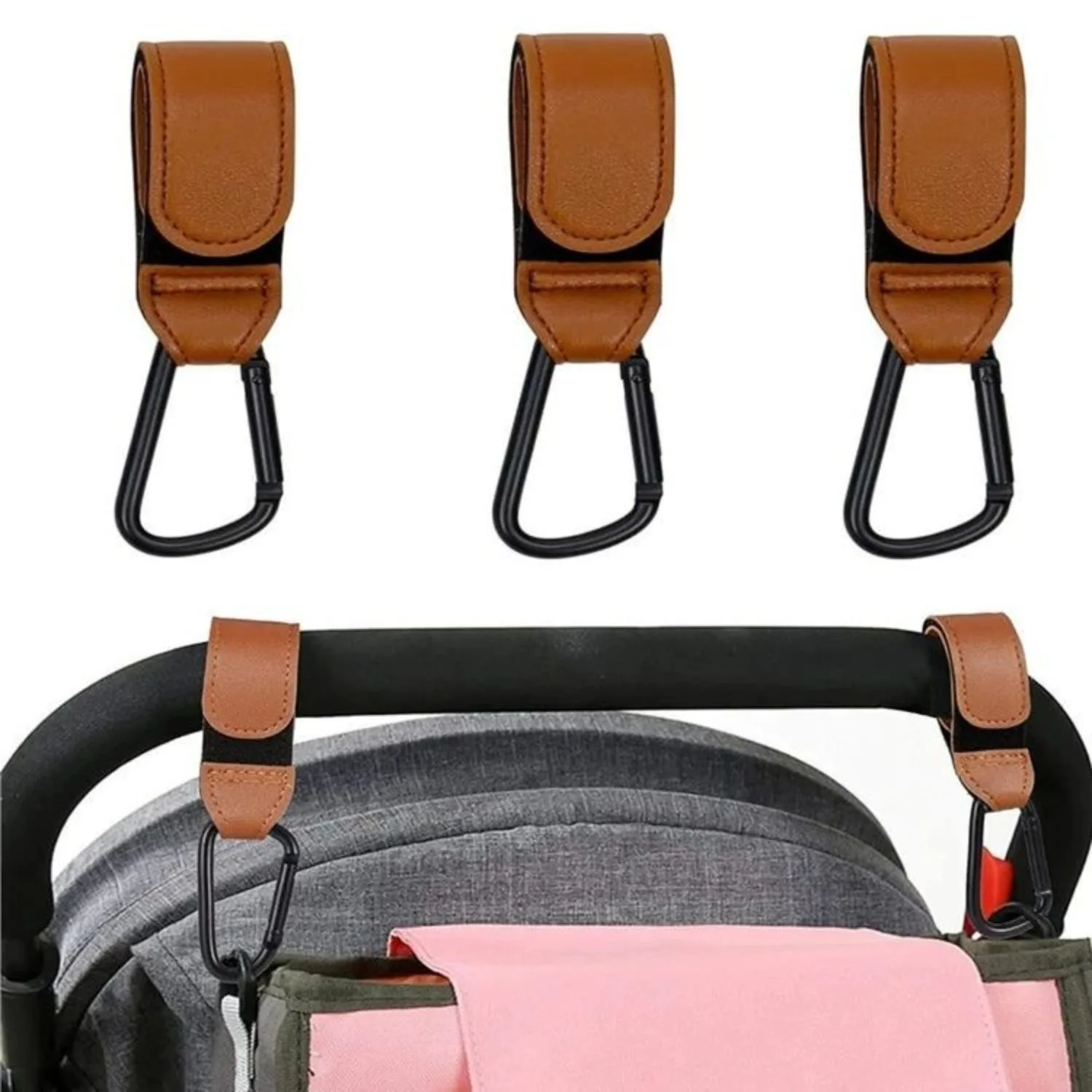 خطافين لعربة الأطفال من جلد البولي يوريثان، سعة تحميل 30 كجم تدور 360 درجة، مناسبة لعربات الأطفال وما إلى ذلك