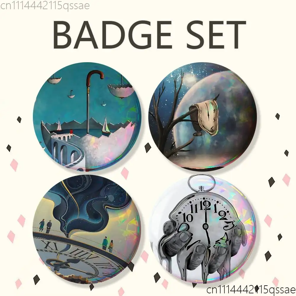 Broches et badges ronds personnalisés faits à la main, motif Horloges 'La persistance de la mémoire', 25mm, 75mm, 44mm, 58mm, 32mm, accessoire