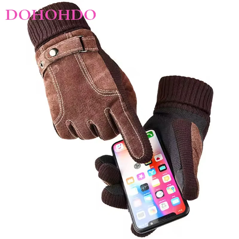 Leather Gloves Winter Warm Black Gloves Velvet Pigskin Men's Touch Screen Men Padded Motorcycle Riding Gloves Guantes Para Motos