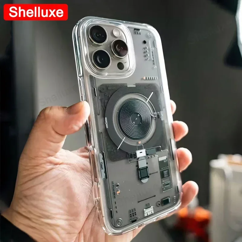 New Technology Magnetic Case Shelluxe For iPhone 16 15 14 13 Pro Max Cover Transparent Invisible Airbag Anti-fall Phone Cases