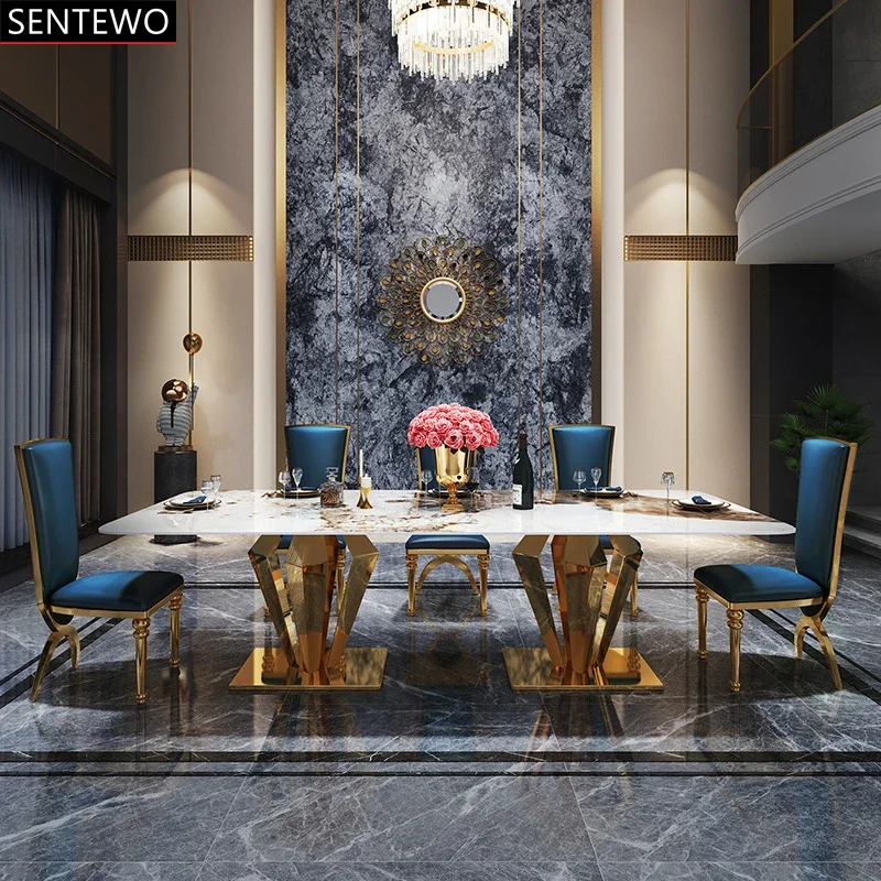 Luxury Rock Slab Kitchen Dining Room Table and 8 Chairs Stainless Steel Gold Base Faux Marble Table Furniture Mesa Escritorio