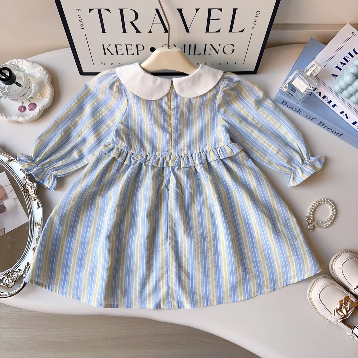 Baby Girls Dress Fashion Sweet Loose Striped Bow Long Sleeve Peter Pan Collar 2025 Spring Autumn New Style Childrens Dress