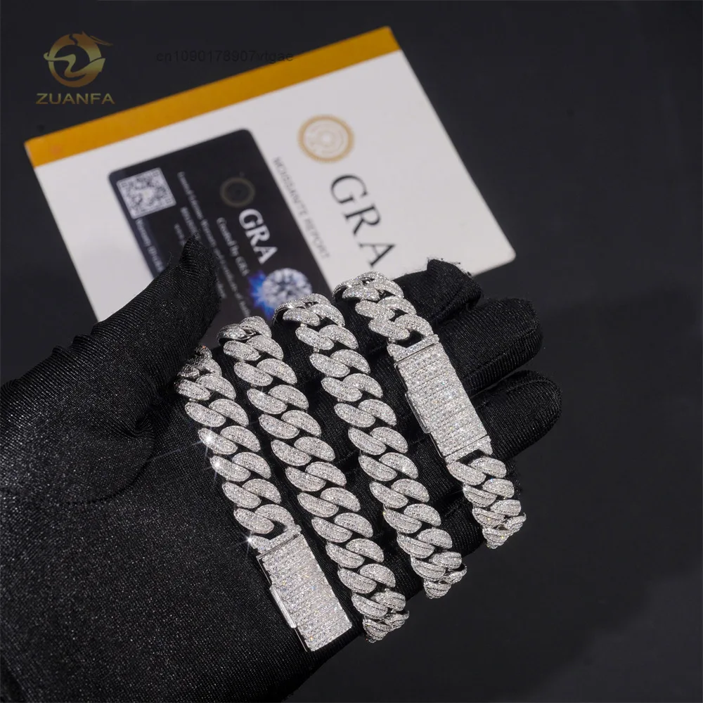 Hop Hip Jewelry 13mm Moon Shape Silver Moissanite Cuban Chain for Men Iced Out Cuban Link Bracelet Pass Diamond Test Cheap Price