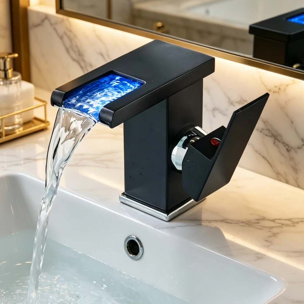 Creative Waterfall Basin Mixer LED Light Feature Black Body Temperature Adjustable Tap for Indoor Bathroom Sink Daily Use