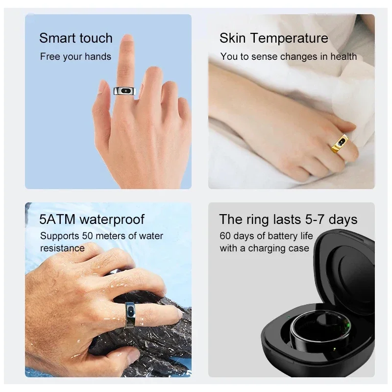 Anel inteligente com estojo de carregamento para medida de temperatura da pele, lembrete de chamada de mensagem, monitor de sono de saúde esportiva, ip68 5atm à prova d'água