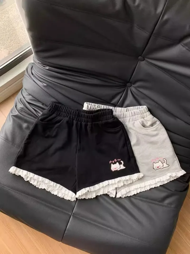 Summer 2025 New Japanese Sweet Cute Cartoon Embroidered Lace Versatile Shorts Student Loose Casual Wide Leg Short Pants Women