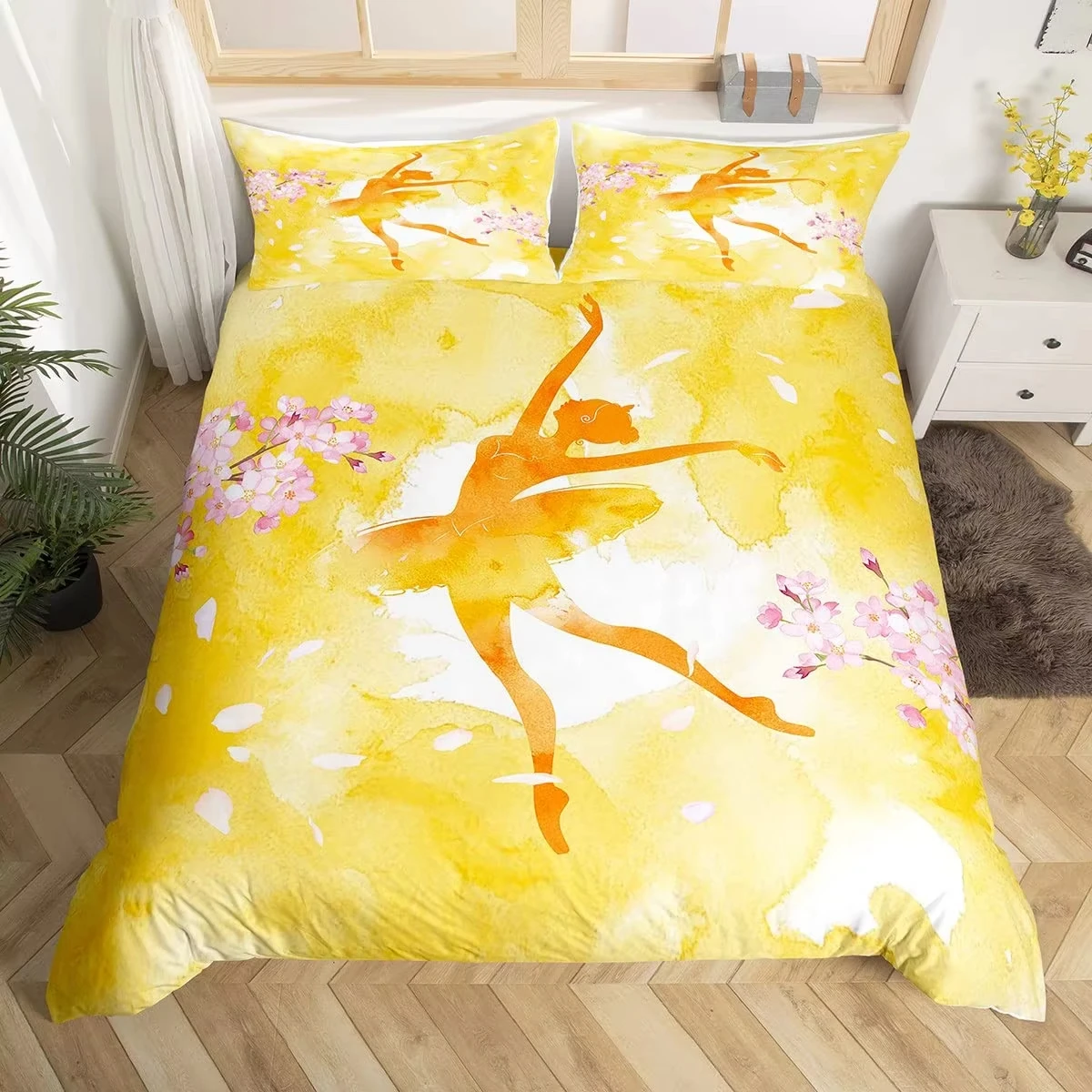 Girly Ballet Duvet Cover Queen,Ballerinas Bedding Set Girls Dancer Silhouette Comforter Cover,Watercolor Ombre Art Quilt Cover