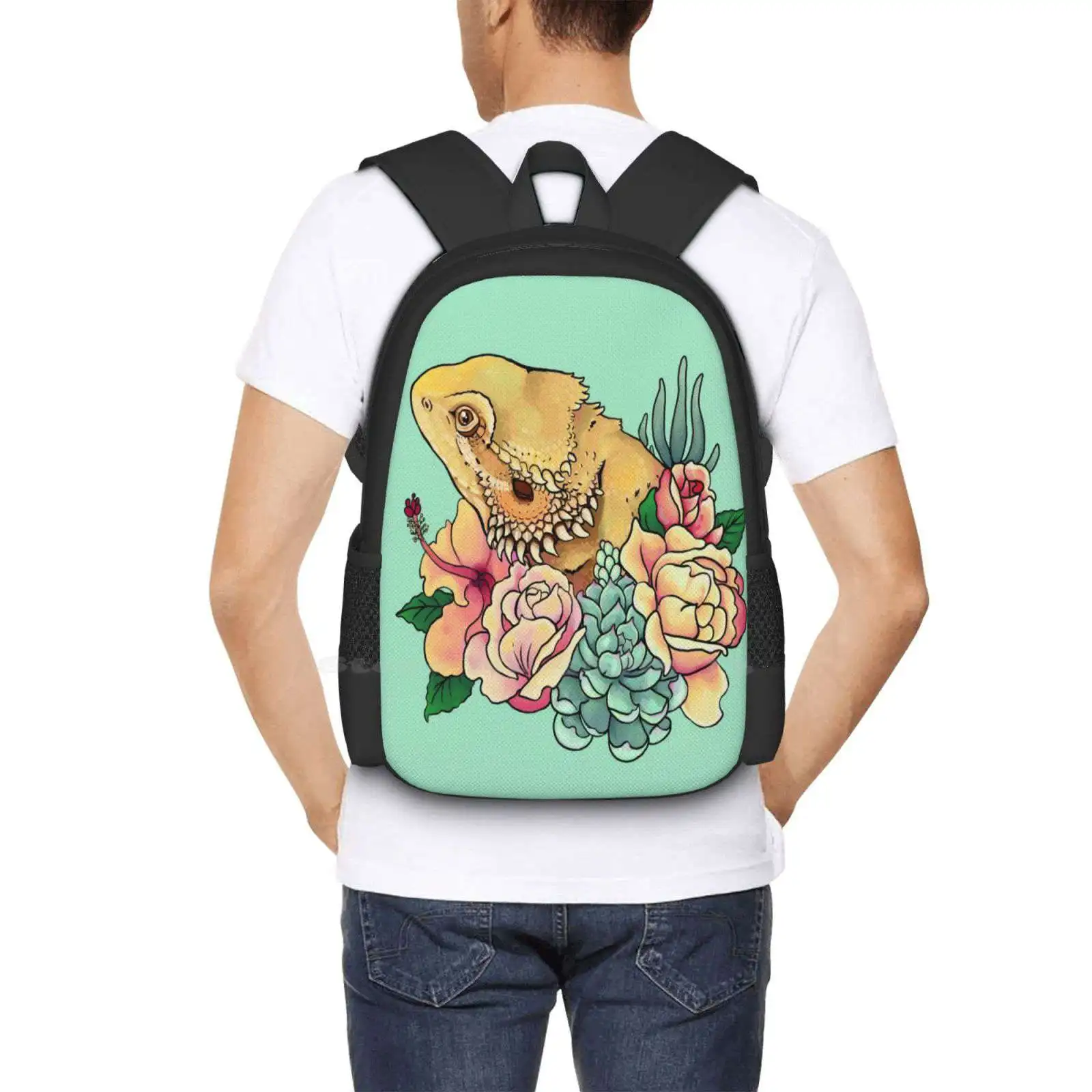 Pastel Bearded Dragon Hot Sale Backpack Fashion Bags Flowers Floral Botanical Beardie Bearded Dragon Reptile Lizard Rose