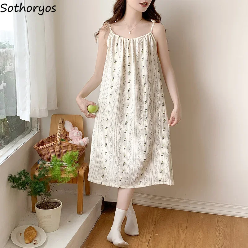 Summer Nightgowns Women Print Sleeveless Sleepwear Home Kawaii Tender Breathable Ulzzang Soft College Girls All-match Popular