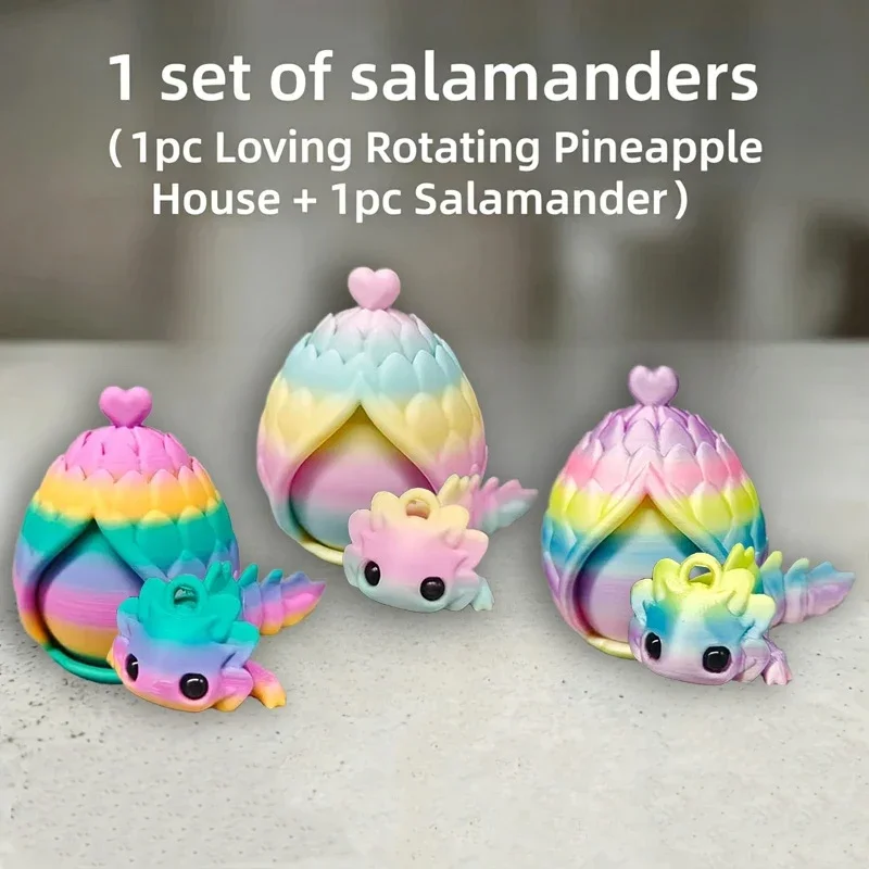 3D Printed Axolotl With Rotating Pineapple House Set Cute Articulated Salamander Desk Ornament Kids Stress Relief Gift
