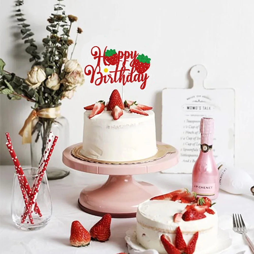 1 PC Strawberry Happy Birthday Cake Topper Dekoracyjny znak, czerwony brokat Dekoracja imprezowa Rekwizyty, przyjęcie urodzinowe Tort Supplies. — zdjęcie 3