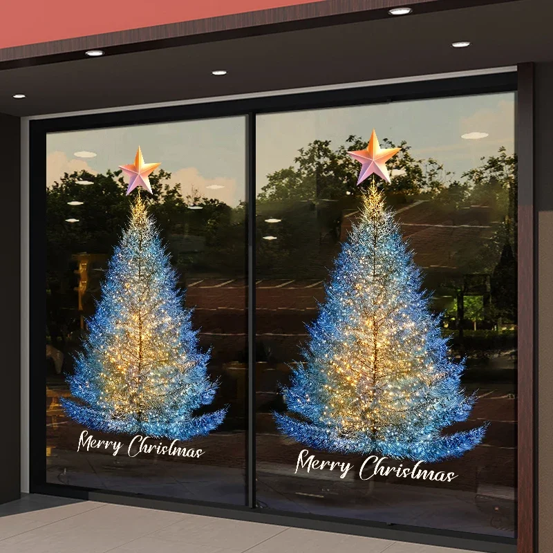Decoración navideña, pegatinas  vidrio para ventana y mostrador, aguja  pino azul, pegatinas electrostáticas para ventana y