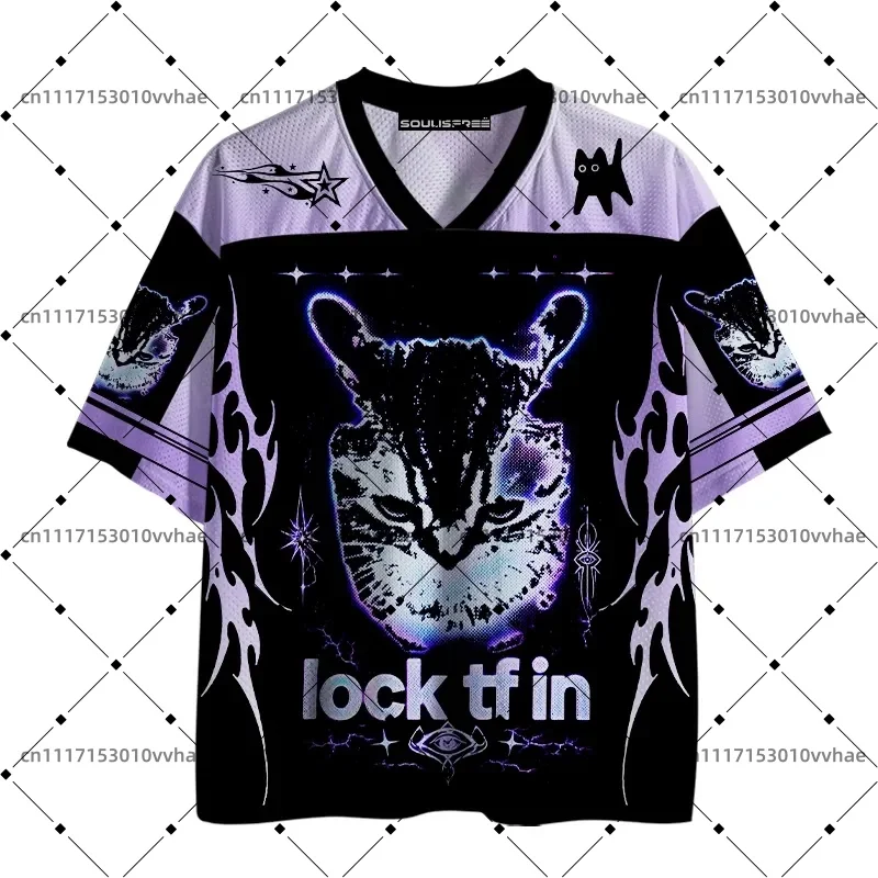 Soulisfree Purple Tribal Cat Mesh Jersey Design Digital Print V-Neck T-Shirt Comfortable Sports Short Sleeve
