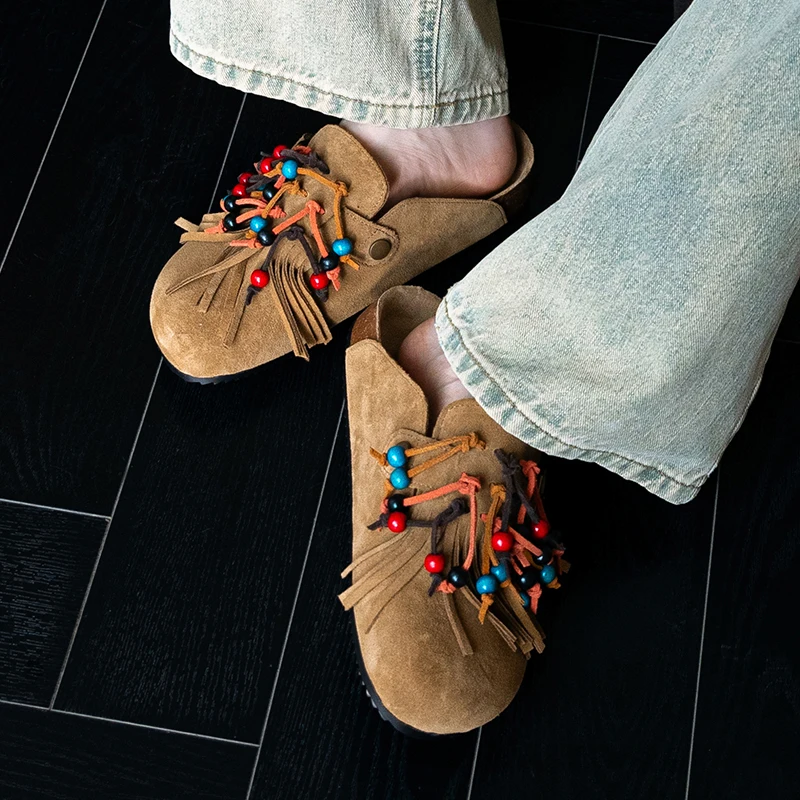 

New Summer Colorful Beaddecoration Retro Mules Women's Flat Bottomed Versatile Tassel Ethnic Style Slippers Lazy Slippers 2024