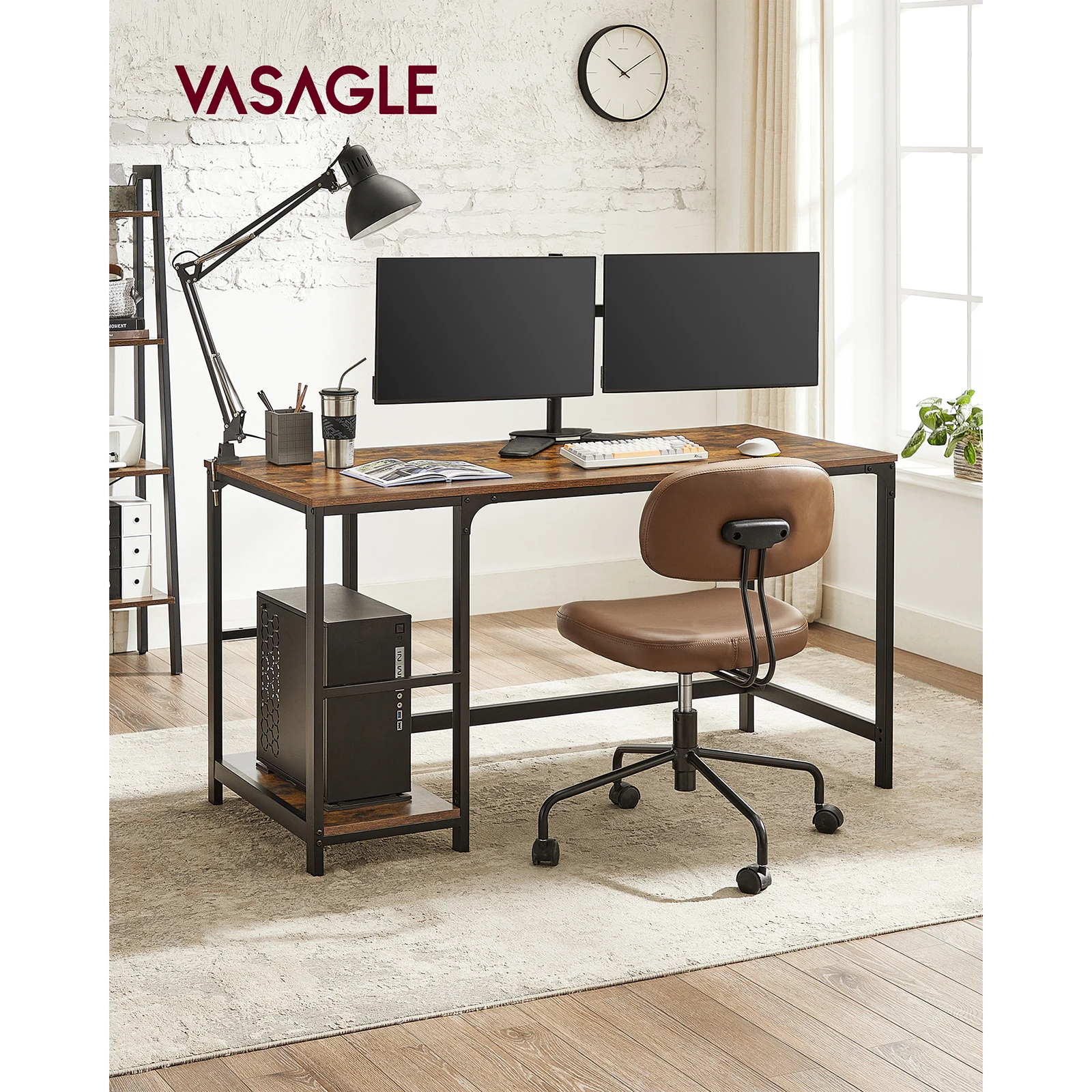 VASAGLE Writing Desk: 2 Shelves on Left/Right. Office, Living Room Work Table. Steel Frame, Industrial Style. Ebony Black.