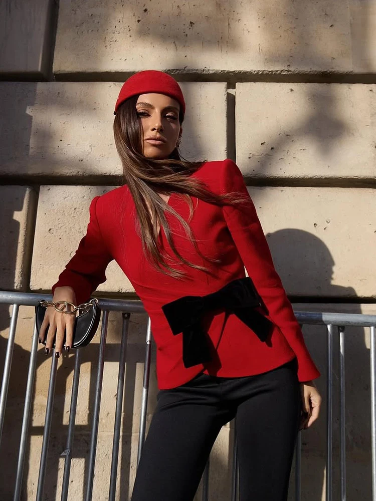 

Рождественские футболки с рождественским бантом Nibber, женские лоскутные осенние трендовые футболки с крестом и v-образным вырезом, простые элегантные классические пиджаки с длинными рукавами