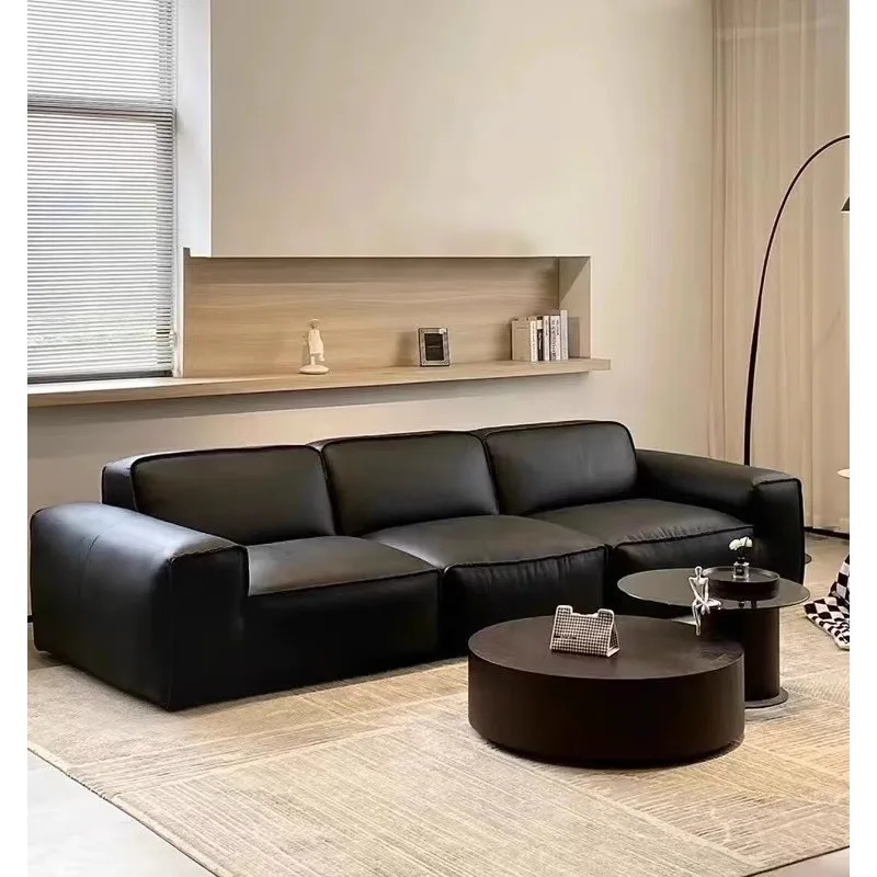 Włoski minimalistyczny skórzany design z blokami tofu, wyposażony w prostych rzędach, duży i mały salon, letnia czarna sofa