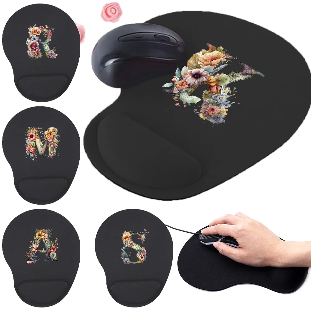 

Mouse Pad Black Desk Mat Floral Letter Printed Pattern Series for PC Laptop Ergonomic Non-Slip Wrist Support Office Accessories